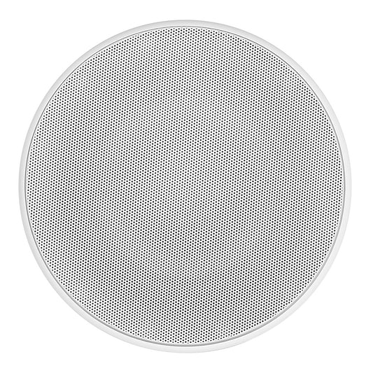 White circular ceiling speaker with perforated grille for home or commercial audio installation