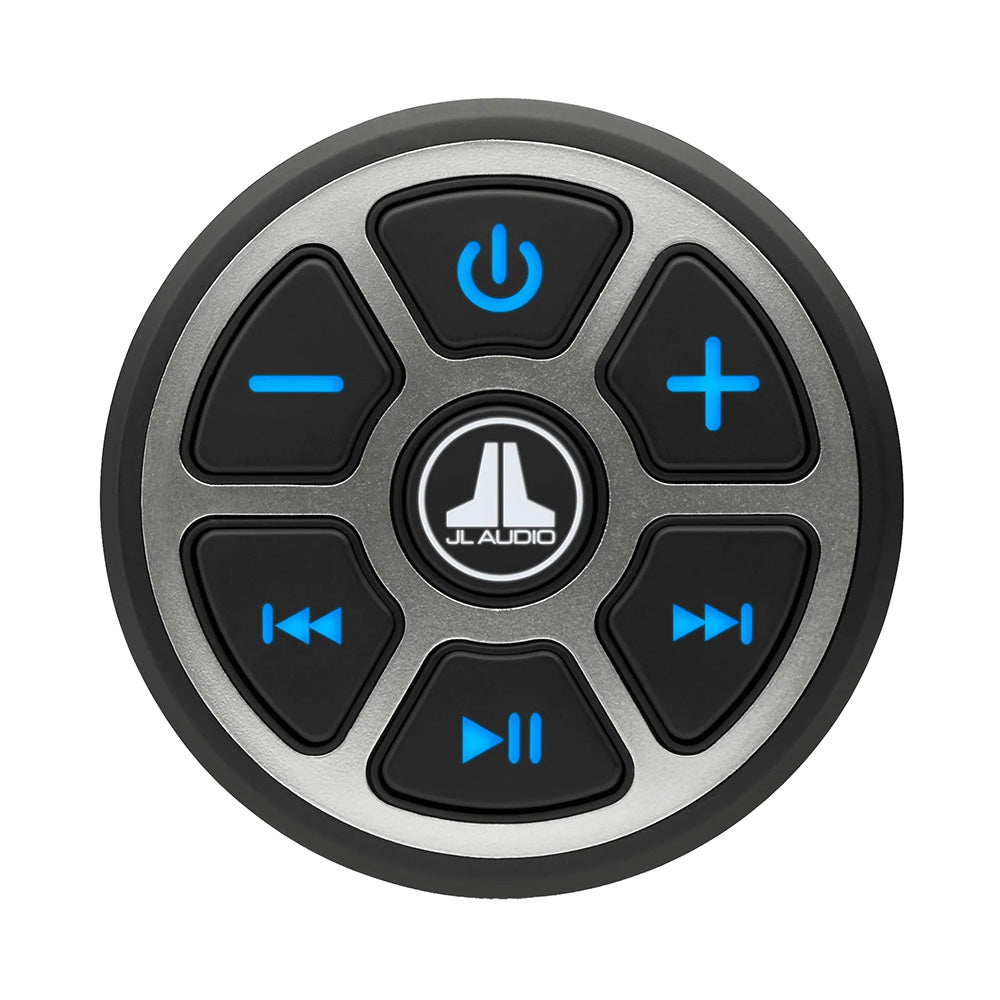 JL Audio marine remote control with blue backlit buttons for volume, power, and track navigation