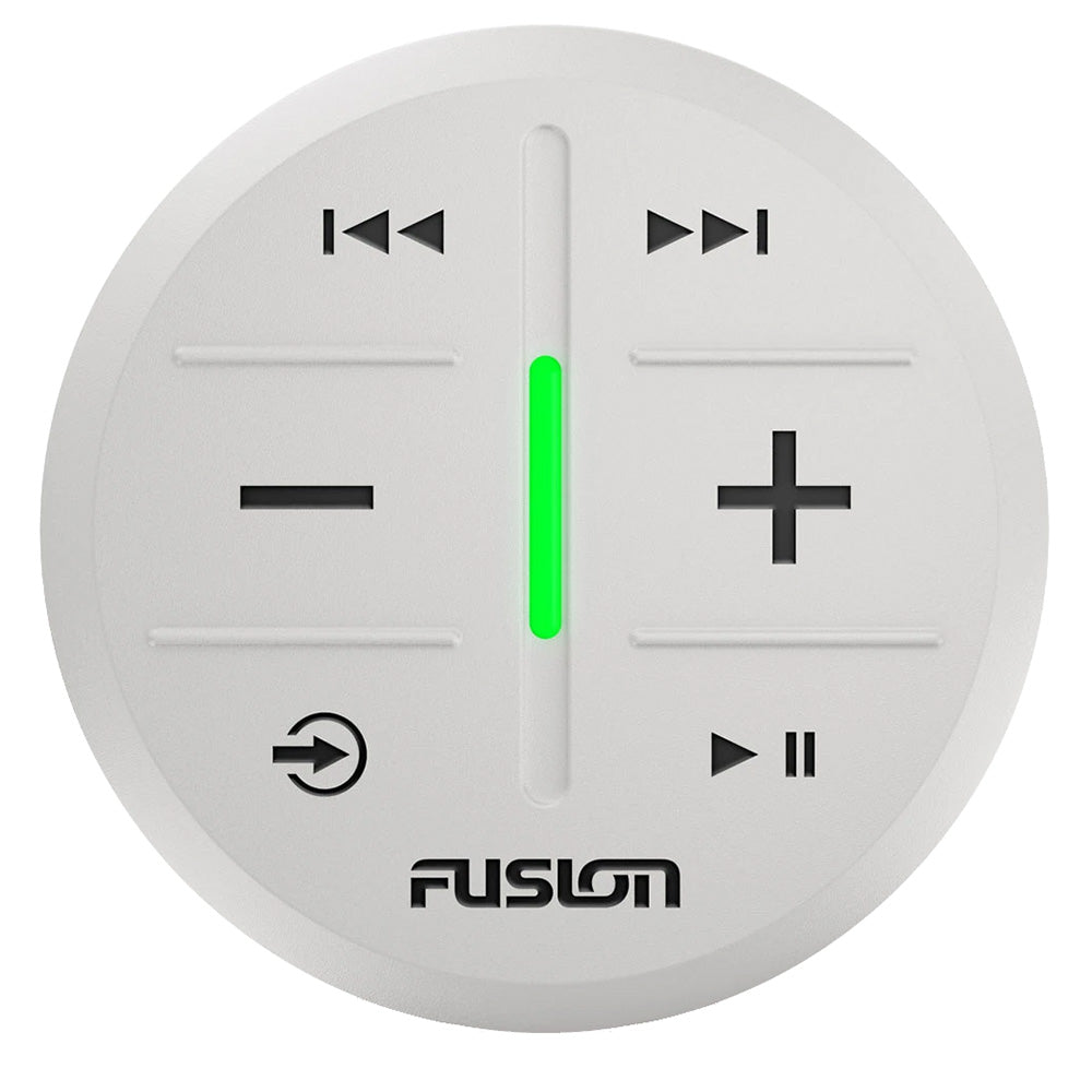 Fusion marine audio remote with volume control, play/pause, and track skip buttons for boat stereo systems