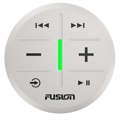 Fusion marine audio remote with volume control, play/pause, and track skip buttons for boat stereo systems