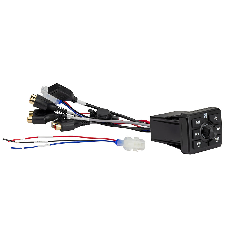 Black car audio remote control with RCA cables and wiring for subwoofer and media playback