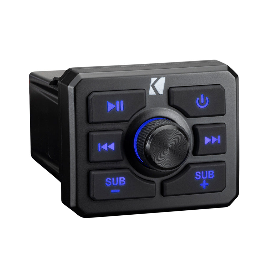 Kicker marine audio control panel with blue backlit buttons and volume knob for boat stereo systems