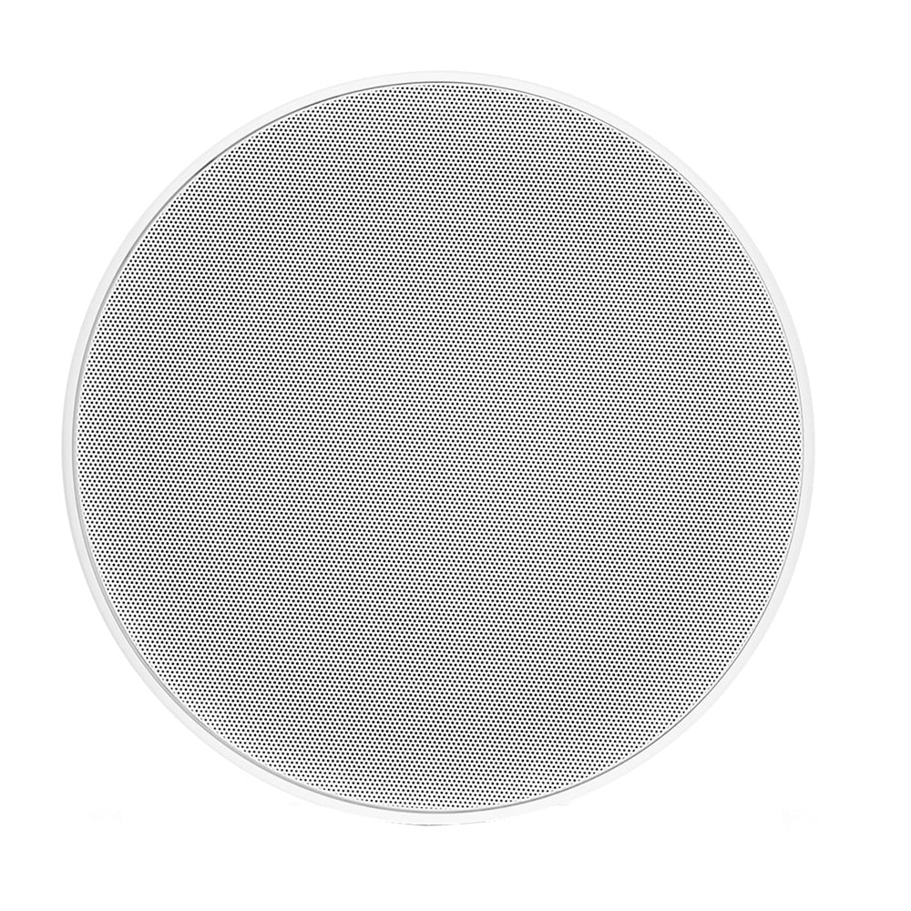 White circular ceiling speaker with perforated grille for residential or commercial audio installation