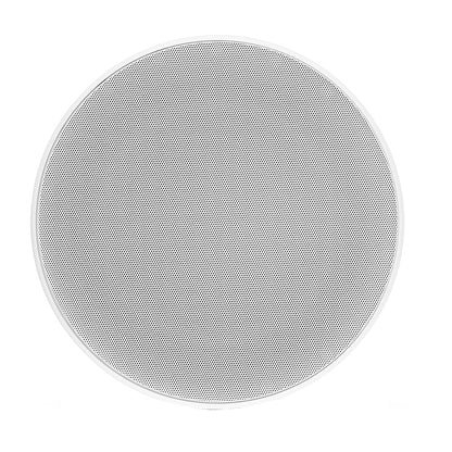 White circular ceiling speaker with perforated grille for residential or commercial audio installation