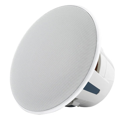 White in-ceiling speaker with perforated grille for home or commercial audio installation