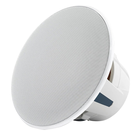 White in-ceiling speaker with perforated grille for home or commercial audio installation