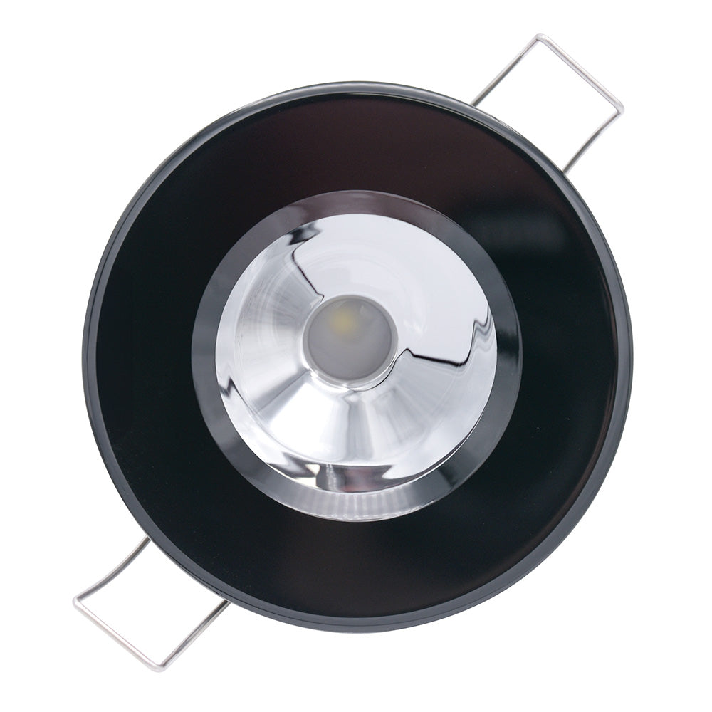 Black LED recessed light with chrome reflector and mounting clips for residential or commercial use