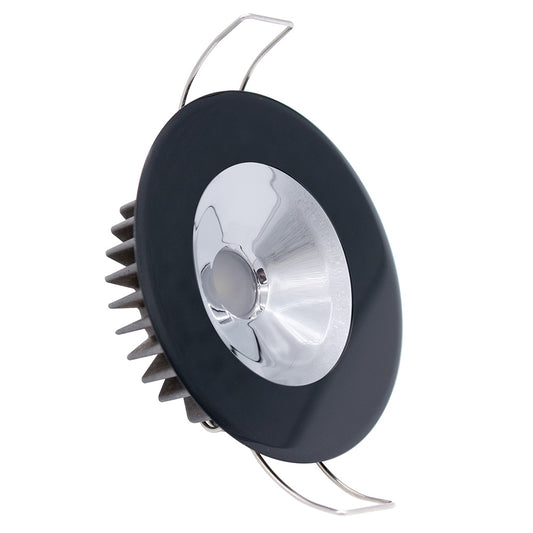 Black LED downlight with chrome reflector and heat sink fins for residential or commercial use