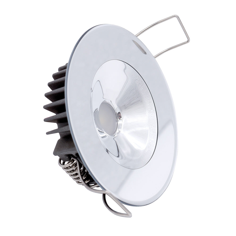 Chrome LED recessed light with heat sink and spring clips for residential or commercial installation