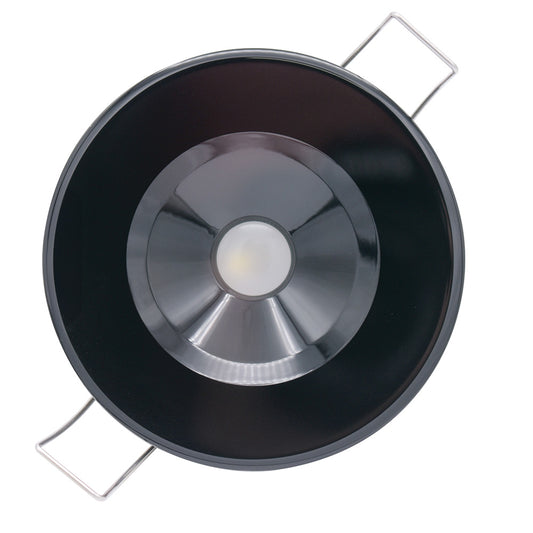 Black recessed LED ceiling light with sleek design and metal mounting brackets