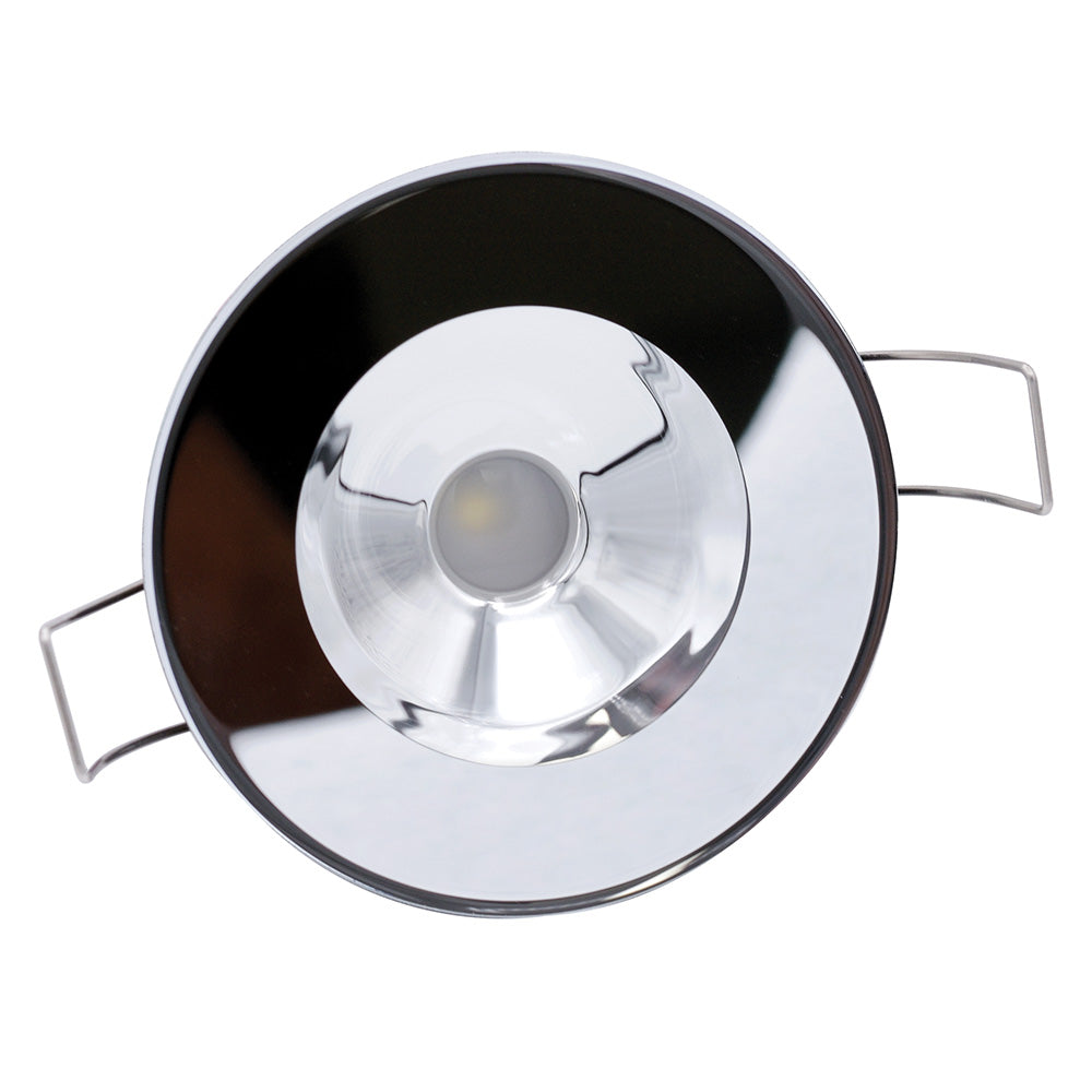 Chrome LED interior dome light with black trim for auto or residential use