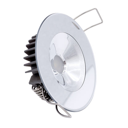 Chrome LED recessed light with heat sink and spring clips for residential or commercial installation