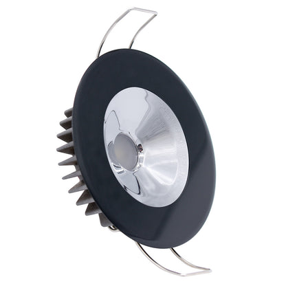 Black LED downlight with chrome reflector and heat sink fins for residential or commercial lighting