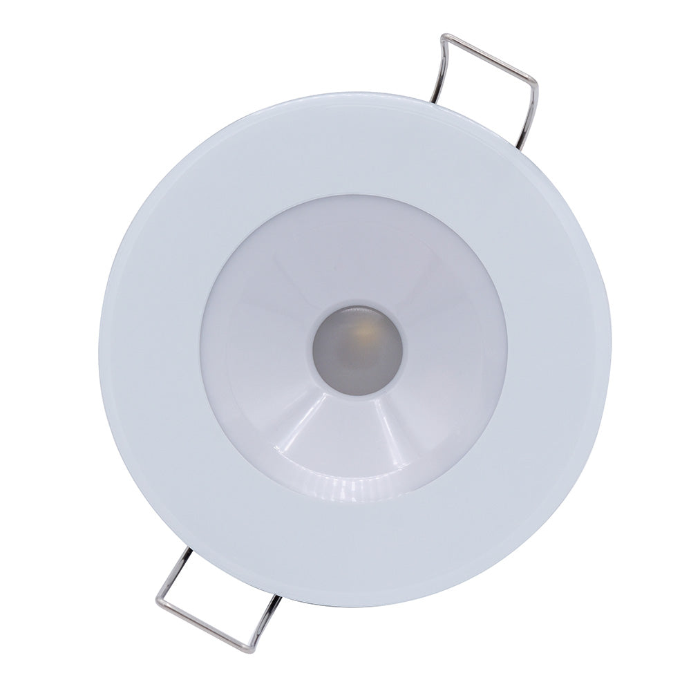 White LED recessed ceiling light with metal mounting clips for residential or commercial installation