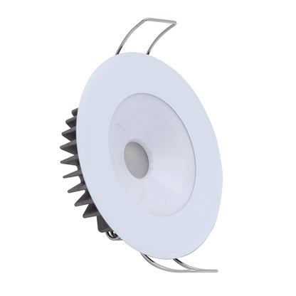 White LED recessed ceiling light with heat sink and mounting clips for residential or commercial use
