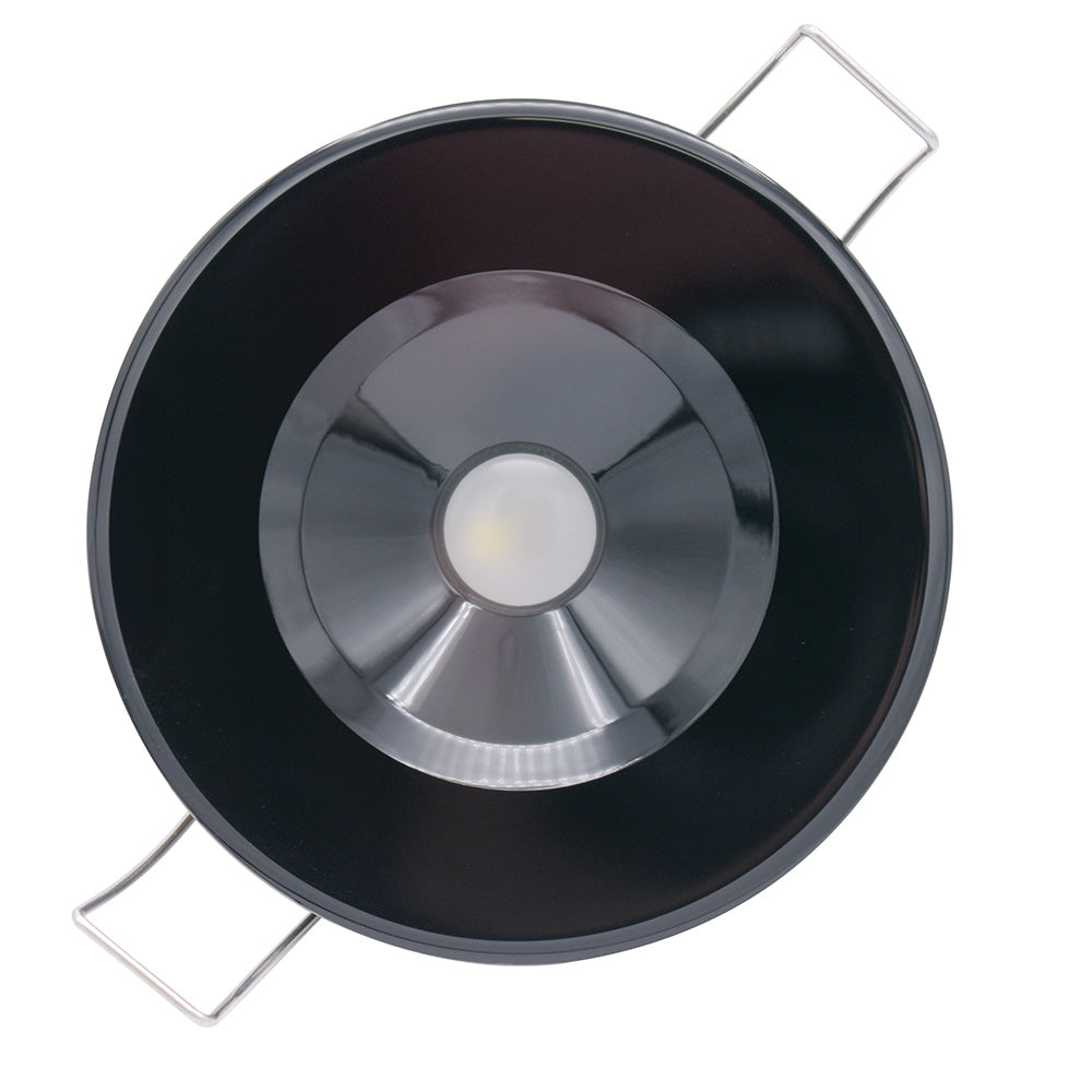 Black LED recessed light with chrome trim and mounting clips for auto or home installation