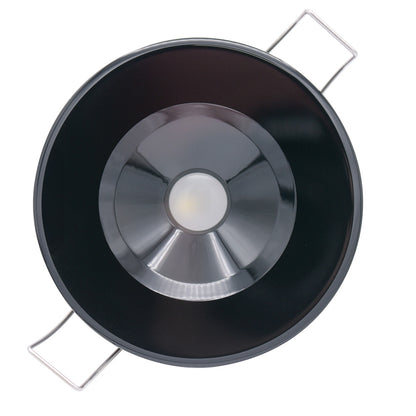 Black LED recessed light with chrome trim and mounting clips for auto or home installation