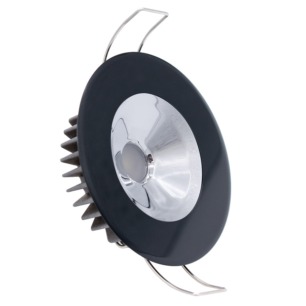 Black LED downlight with chrome reflector and heat sink fins for residential or commercial use