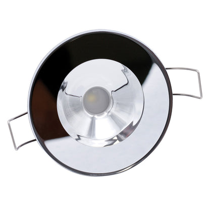 Chrome LED under-cabinet light with black trim and mounting clips