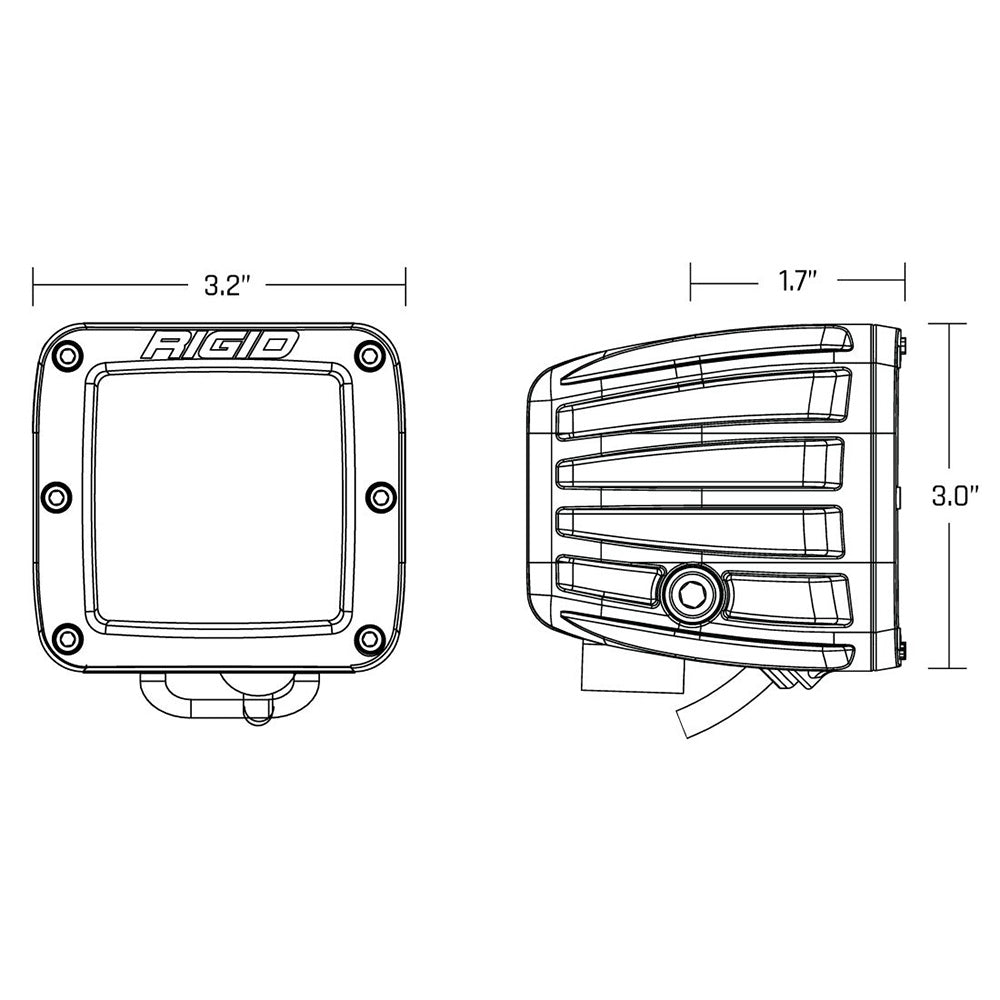 Rigid Industries LED light dimensions diagram showing 3.2" width and 3.0" height for off-road vehicle lighting