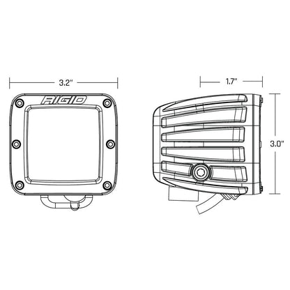 Rigid Industries LED light dimensions diagram showing 3.2" width and 3.0" height for off-road vehicle lighting
