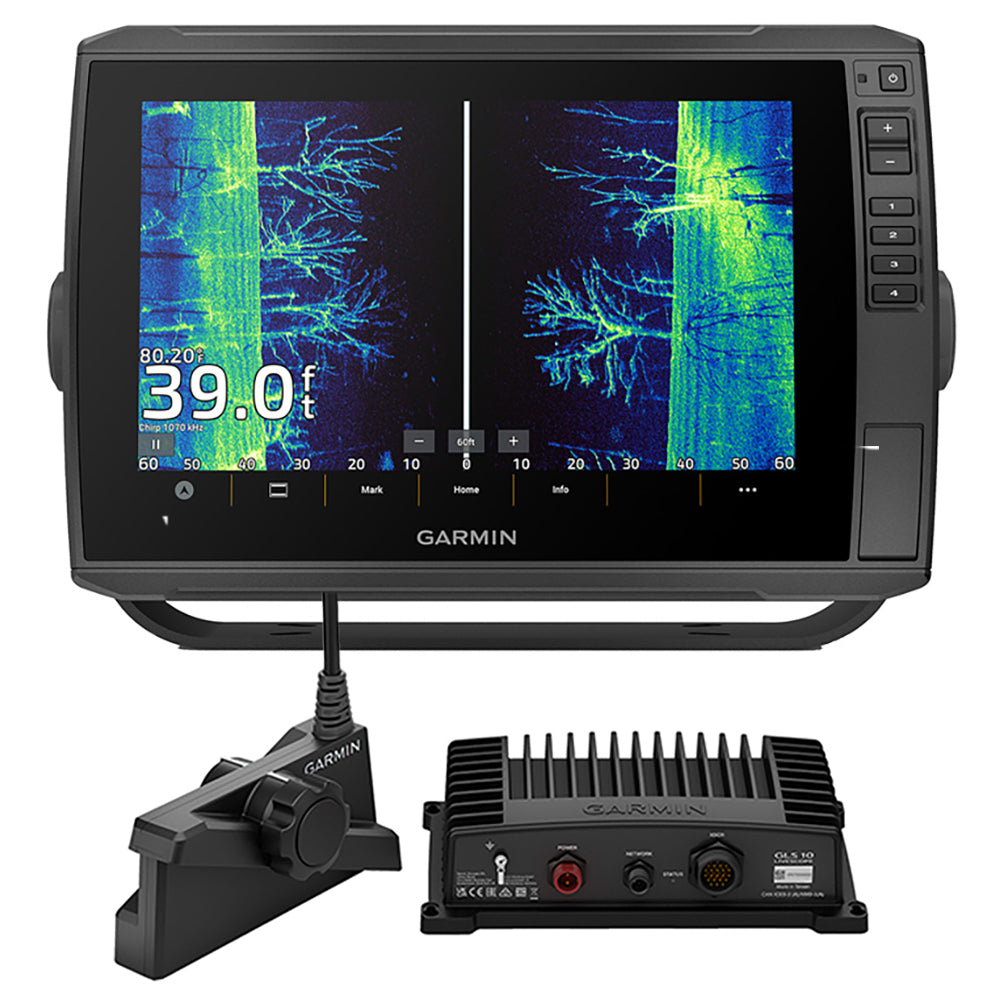 Garmin fish finder with sonar display, transducer, and control unit for marine navigation and fishing