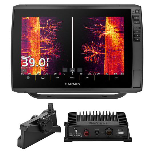 Garmin fish finder with sonar display, transducer, and control unit for boating and fishing