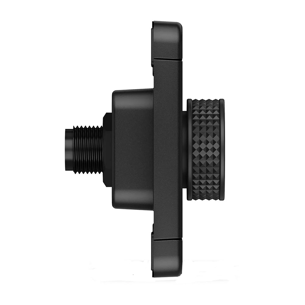 Black audio adjustment knob with textured grip and threaded connector for car stereo installation