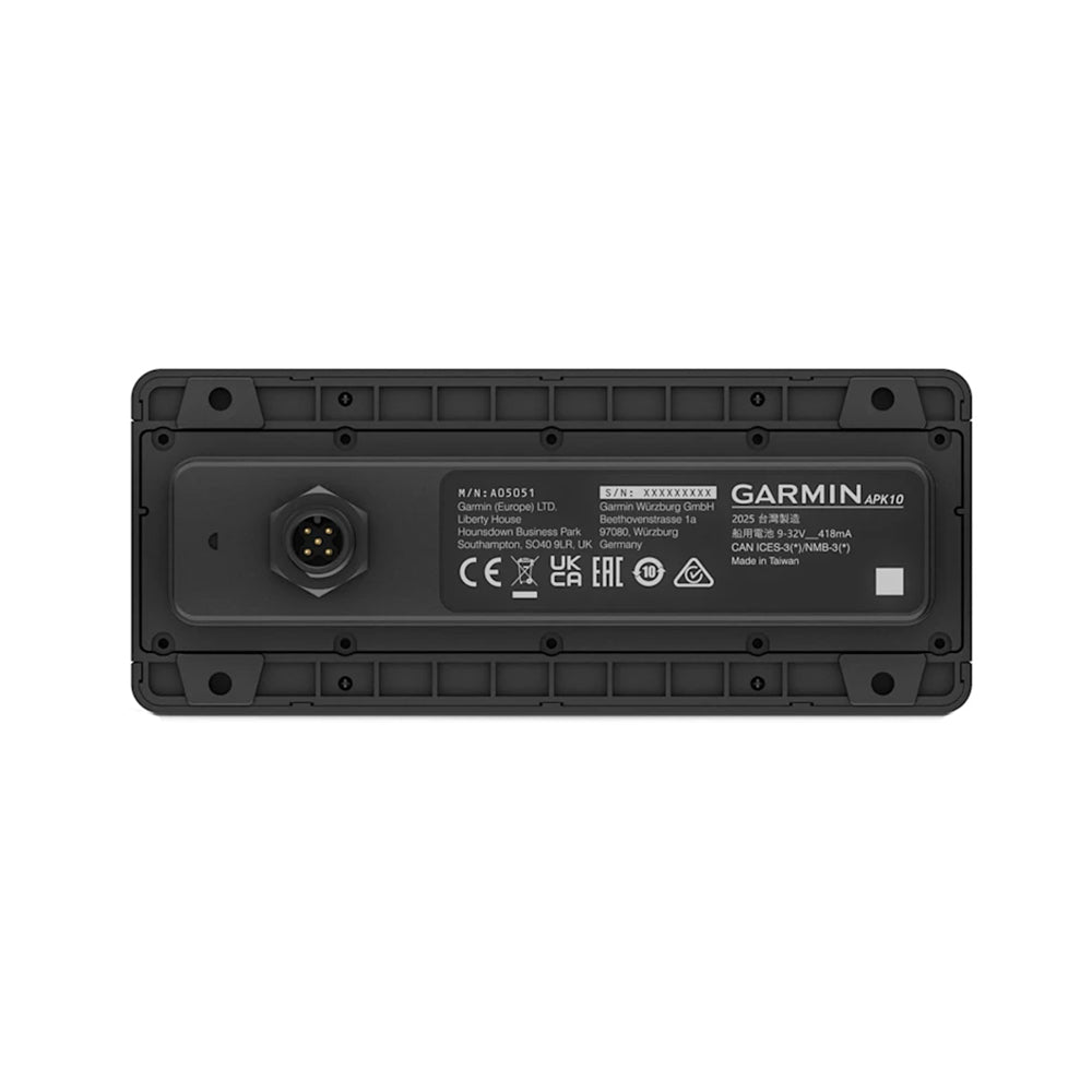 Garmin APX10 marine autopilot control unit with connector port and regulatory labels