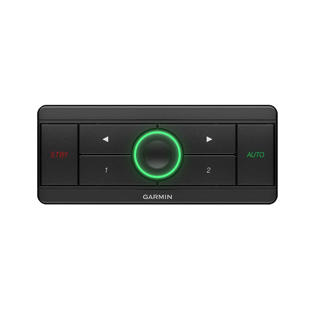 Garmin marine audio control panel with green backlit knob and STBY/AUTO buttons