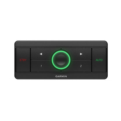 Garmin marine audio control panel with green backlit knob and STBY/AUTO buttons