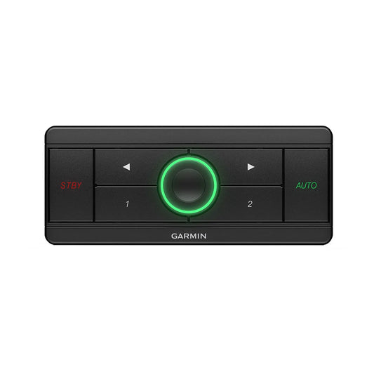 Garmin marine audio control panel with green backlit knob and STBY/AUTO buttons