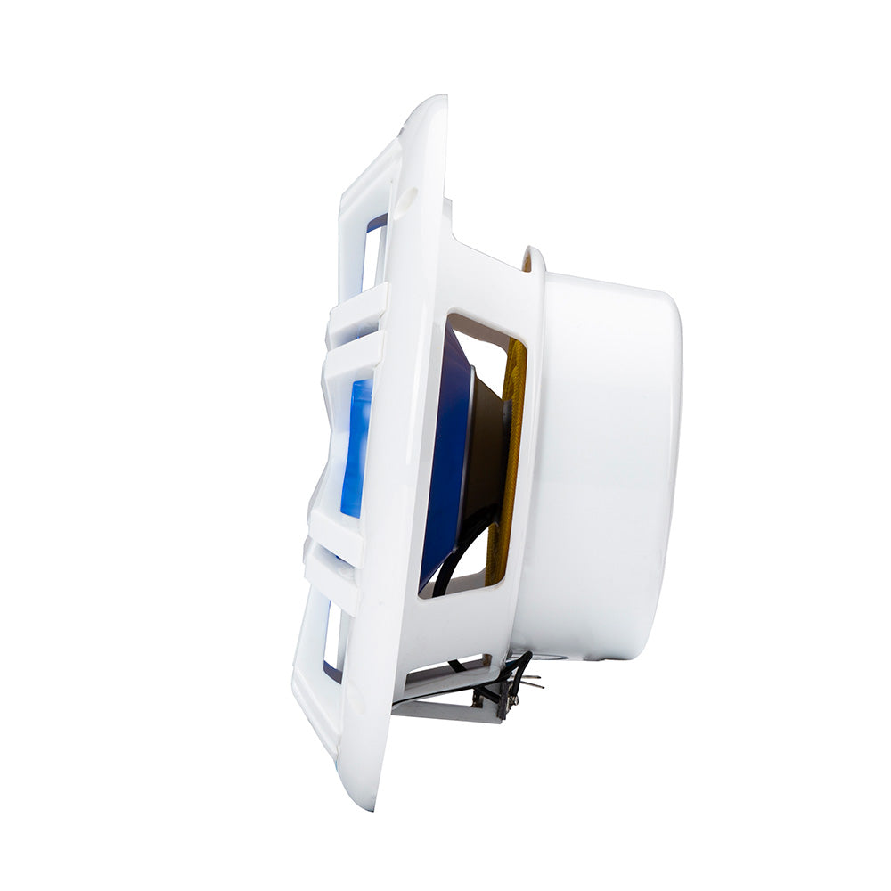 White marine speaker with blue accents, designed for boat audio systems and outdoor use.