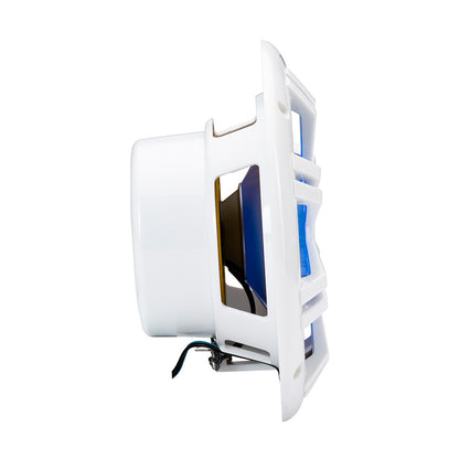 White marine speaker with blue accents, designed for boat audio systems and outdoor use.