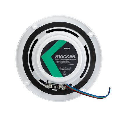 Kicker KM60 marine coaxial speaker, 6.5-inch with tweeter, white frame, 4-ohm, ideal for boat audio systems