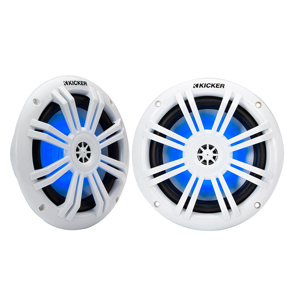 White Kicker marine speakers with blue LED lighting, ideal for boat audio systems
