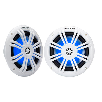White Kicker marine speakers with blue LED lighting, ideal for boat audio systems