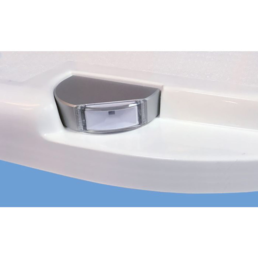 Chrome LED courtesy light installed in white vehicle door panel for ambient illumination