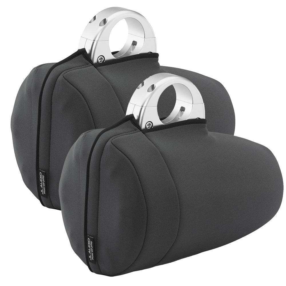 JL Audio marine speaker pods with silver mounts and black neoprene covers for boat audio systems
