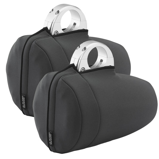 JL Audio marine speaker pods with silver mounts and black neoprene covers for boat audio systems