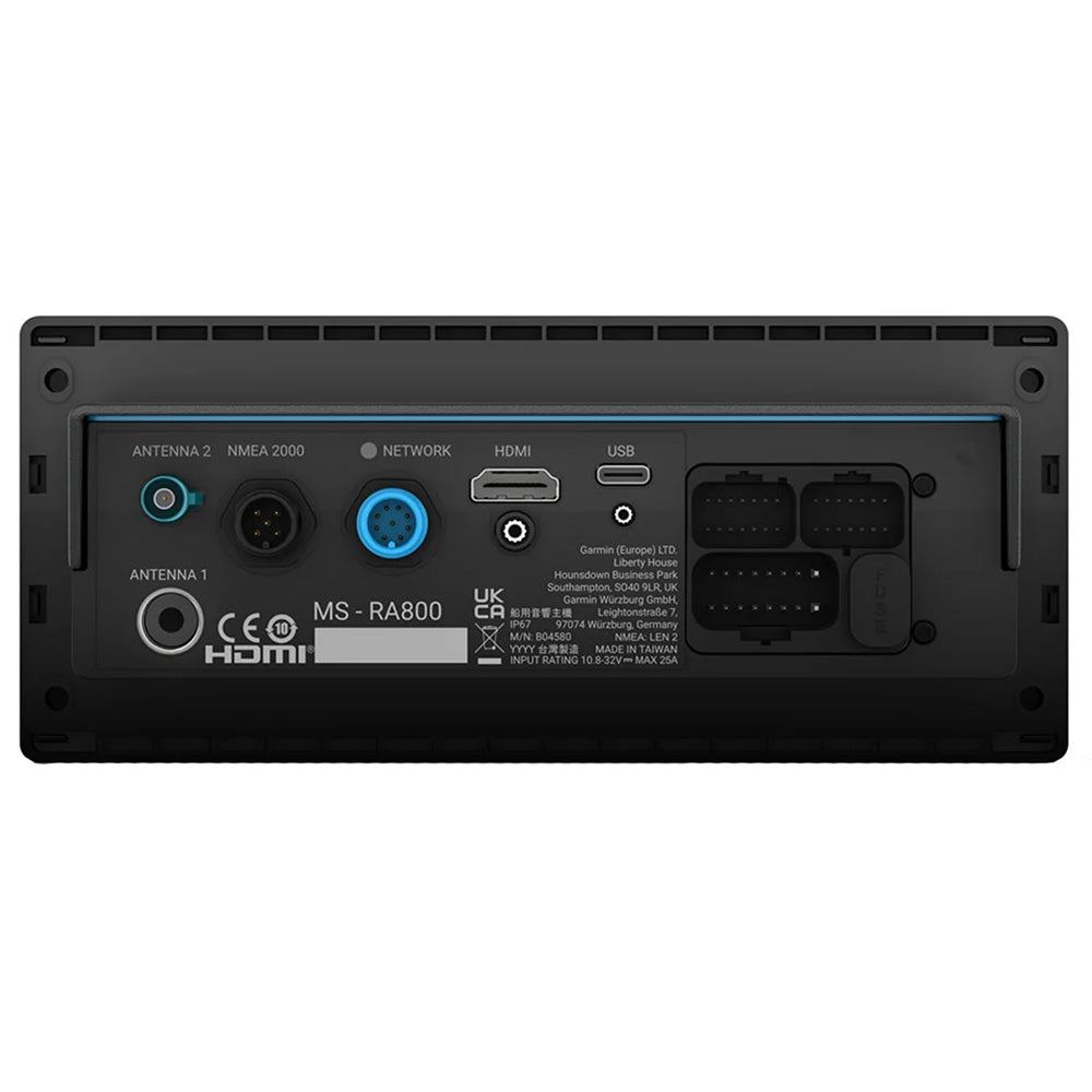 Garmin MS-RA800 marine audio receiver rear panel with HDMI, USB, NMEA 2000, and antenna ports for boat stereo installation