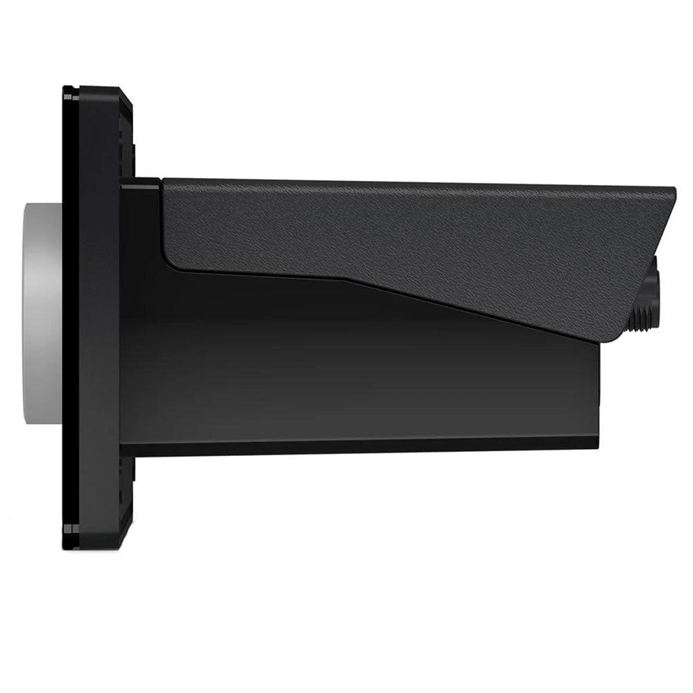 Black outdoor security camera with textured housing and silver lens, ideal for residential or commercial surveillance.