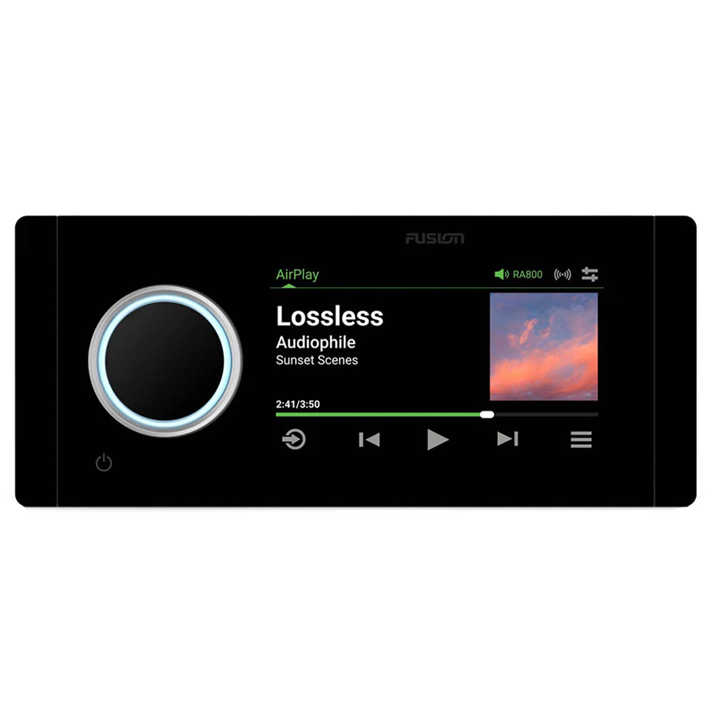 Fusion RA800 marine stereo playing lossless audio via AirPlay with illuminated control knob