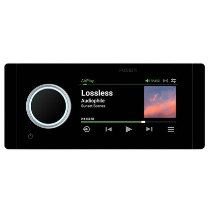 Fusion RA800 marine stereo playing lossless audio via AirPlay with illuminated control knob