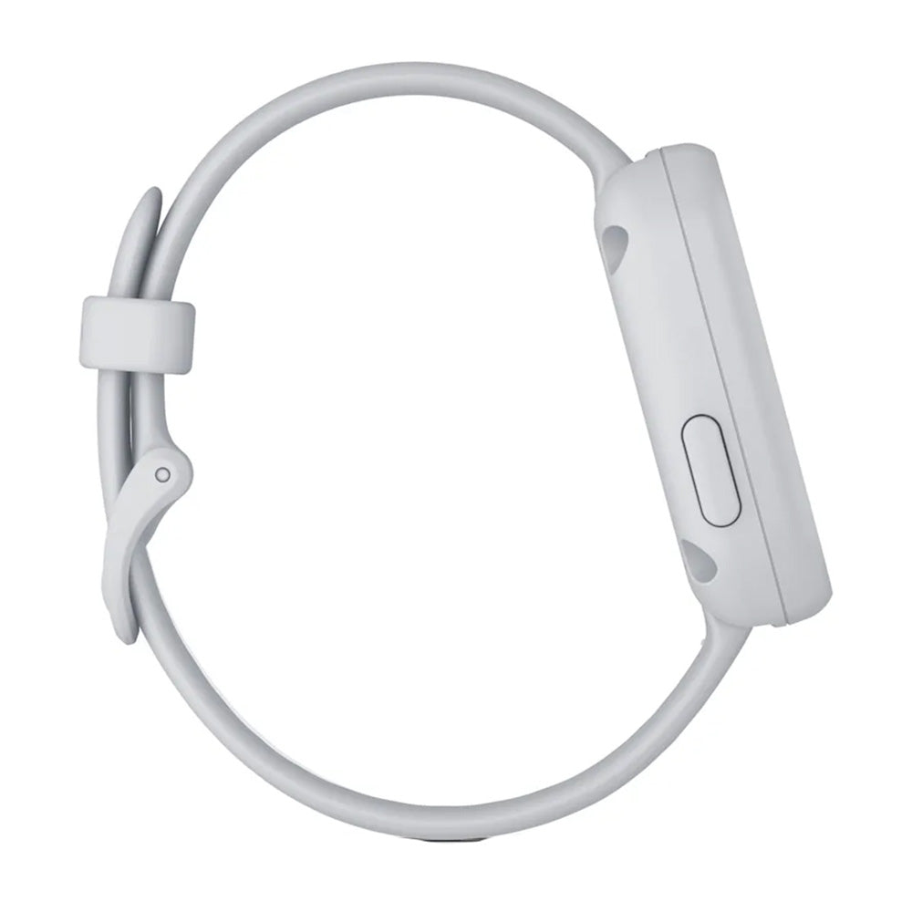 White smartwatch with silicone band, side view showing button and sleek design