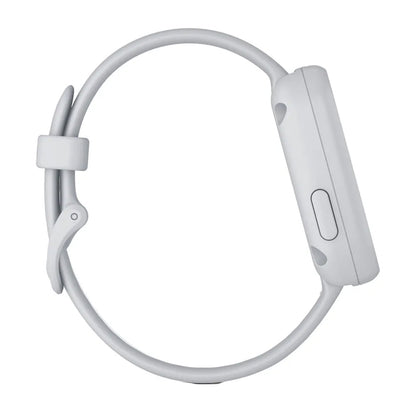White smartwatch with silicone band, side view showing button and sleek design