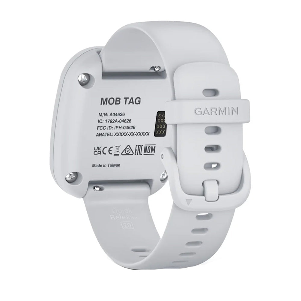Garmin MOB Tag safety device with white strap, quick release buckle, and regulatory labels on back