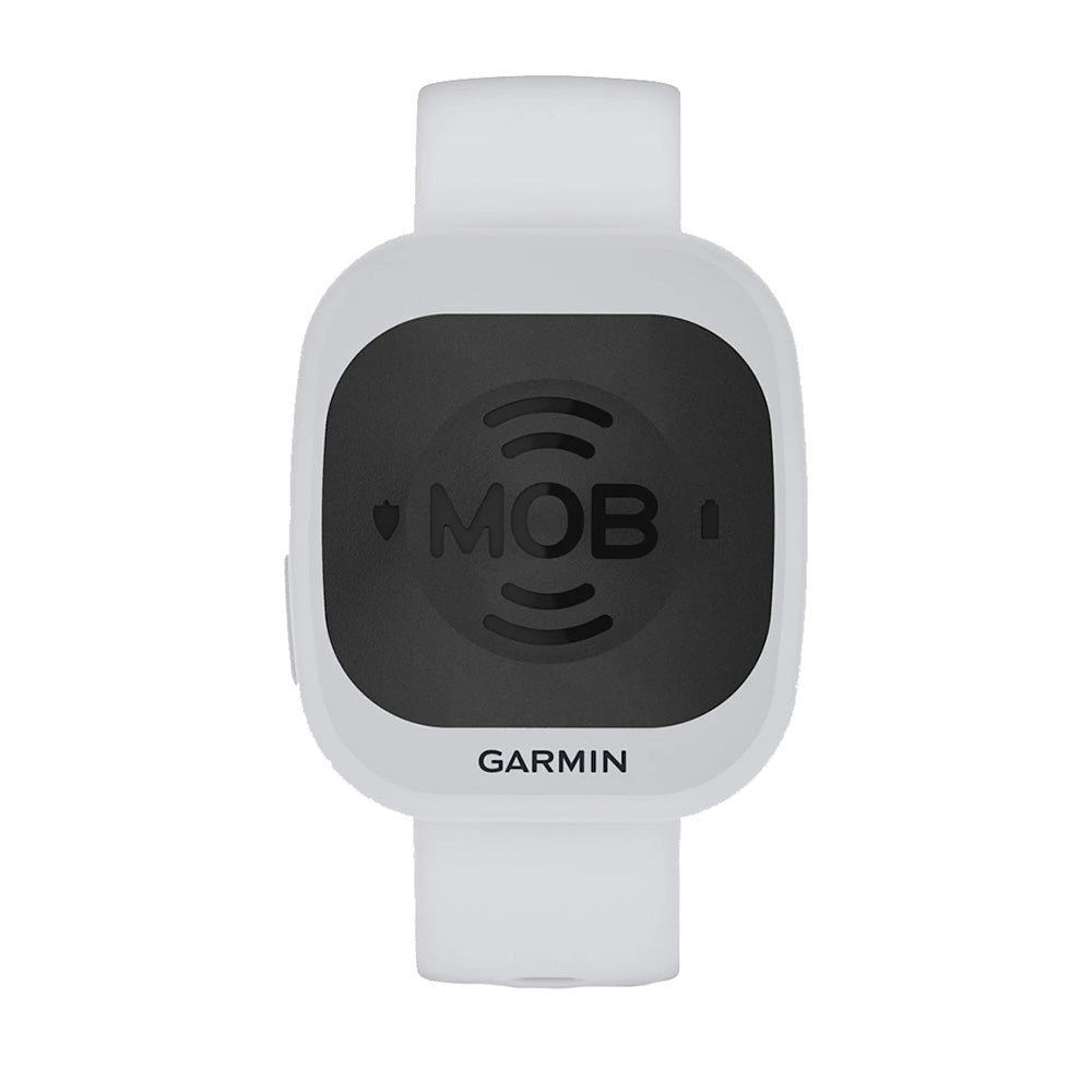 Garmin MOB safety watch with white band and black display for marine use
