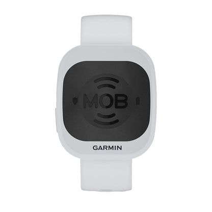 Garmin MOB safety watch with white band and black display for marine use