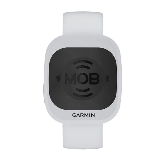 Garmin MOB safety watch with white band and black display for marine use